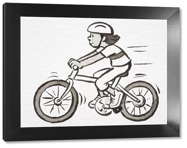 Illustration, girl wearing helmet riding bicycle, side view