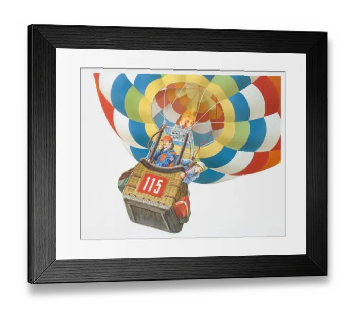 Framed Print : Illustration, two men standing in basket of rising hot-air balloon, one talking into radiophone, the other one looking down, low angle view Framed Print : Illustration, two men standing in basket of rising hot-air balloon, one talking into radiophone, the other one looking down, low angle view