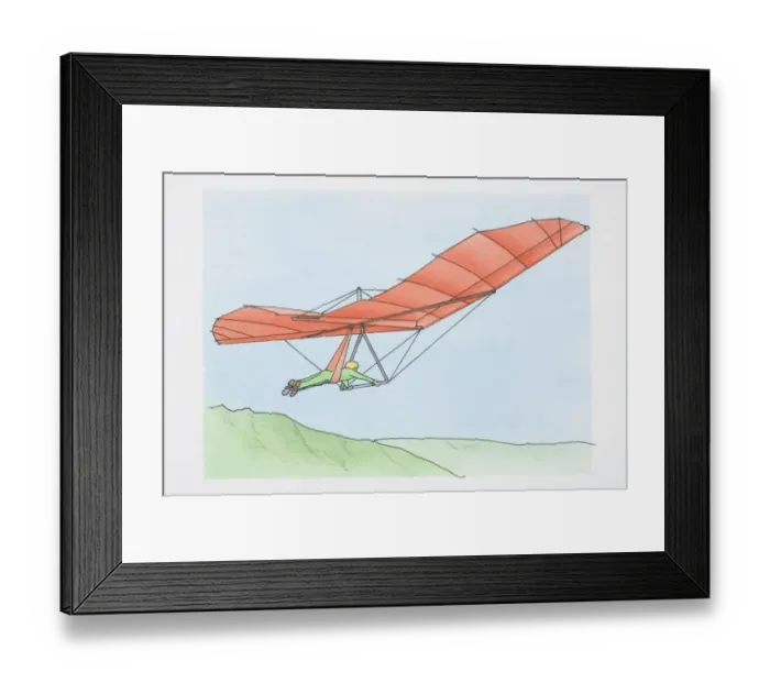 Framed Print : Illustration, man riding red hang glider over green hills, side view Framed Print : Illustration, man riding red hang glider over green hills, side view