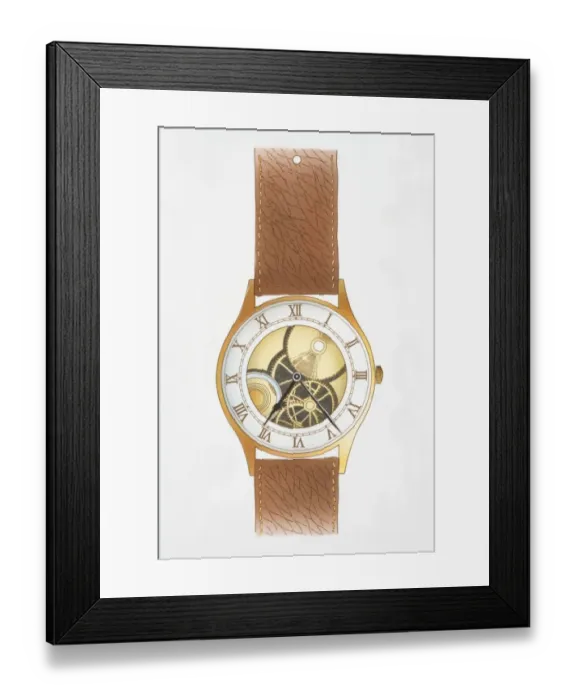 Framed Print : Illustration, mechanical wristwatch with roman numerals, brown leather strap, internal gold wheels and springs visible Framed Print : Illustration, mechanical wristwatch with roman numerals, brown leather strap, internal gold wheels and springs visible