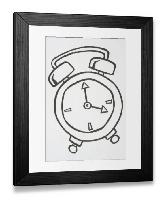 Framed Print : Illustration, alarm clock with handle and two bells on top, hands pointing to four o clock Framed Print : Illustration, alarm clock with handle and two bells on top, hands pointing to four o clock