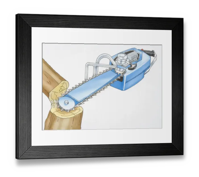 Framed Print : Illustration, tree trunk being sawn in two by electric chain saw Framed Print : Illustration, tree trunk being sawn in two by electric chain saw