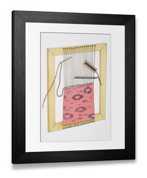 Framed Print : Illustration, pink and purple yarn being weaved on wooden frame with weaving needle and comb