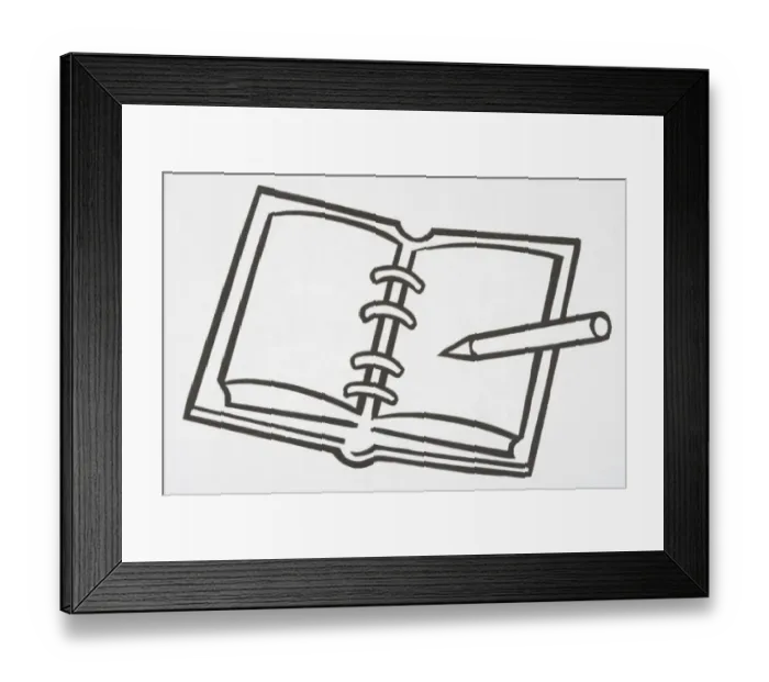 Framed Print : Illustration, spiral notebook, pen lying on open page