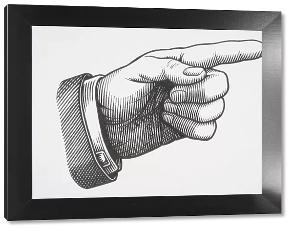 Illustration, mature mans left hand, index finger pointing, other fingers bent inward, palm showing deep lifelines