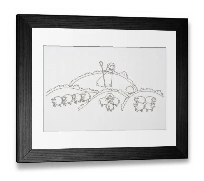 Framed Print : Illustration, Little Bo Peep, carrying a crook and looking for her sheep in amongst clouds Framed Print : Illustration, Little Bo Peep, carrying a crook and looking for her sheep in amongst clouds