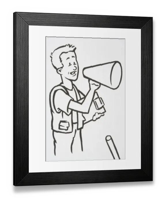 Framed Print : Illustration, man holding clipboard and speaking into loudspeaker, side view Framed Print : Illustration, man holding clipboard and speaking into loudspeaker, side view