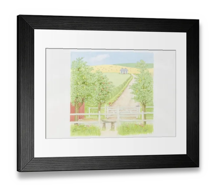 Framed Print : Illustration, fruit trees and wooden field gate by country path leading to secluded farmhouse, rolling hills with hay bales in background Framed Print : Illustration, fruit trees and wooden field gate by country path leading to secluded farmhouse, rolling hills with hay bales in background
