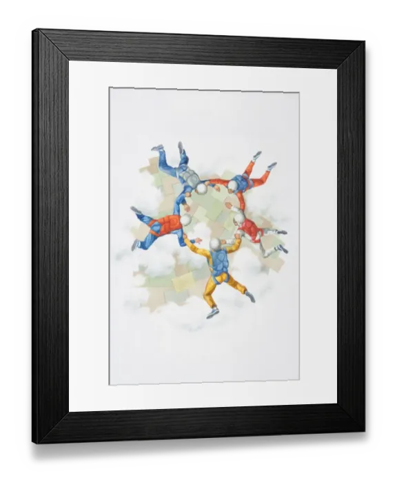 Framed Print : Illustration, five parachutists in formation, view from above