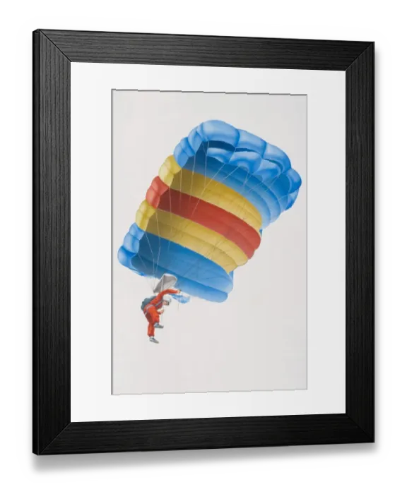 Framed Print : Illustration, parachutist descending, view from above Framed Print : Illustration, parachutist descending, view from above