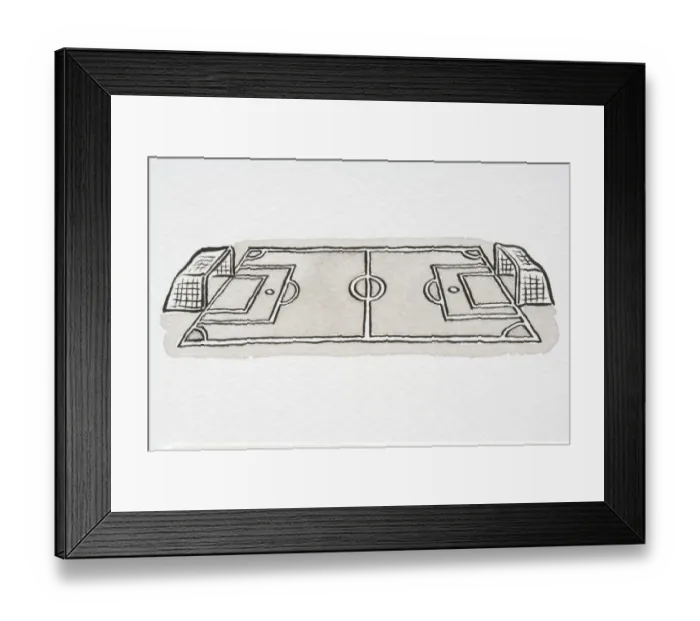 Framed Print : Illustration, football pitch with netted goals at each end, high angle view Framed Print : Illustration, football pitch with netted goals at each end, high angle view