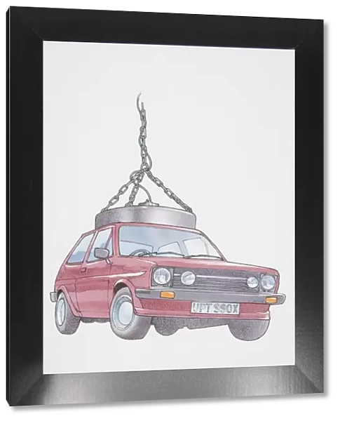 Illustration, electromagnet lifting red car