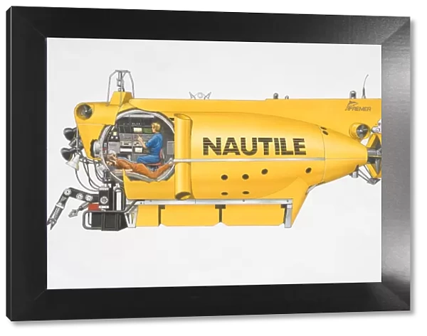 Illustration, the Nautile, yellow manned submersible owned by French Research Institute for Exploitation of the Sea, side view