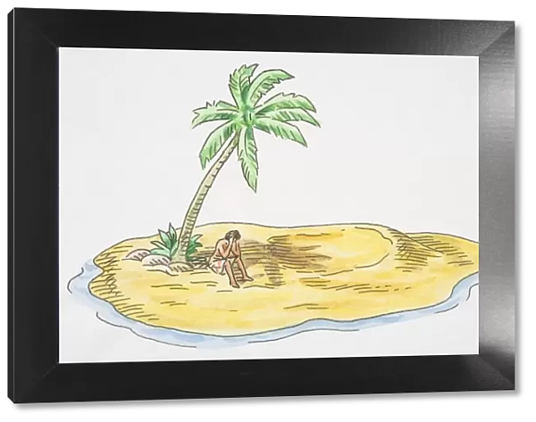 Illustration, person stranded on deserted island with single palm tree