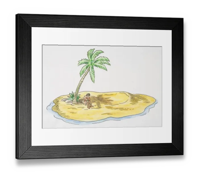 Framed Print : Illustration, person stranded on deserted island with single palm tree Framed Print : Illustration, person stranded on deserted island with single palm tree