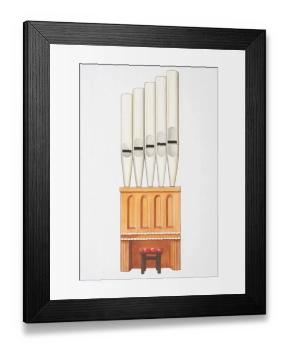 Framed Print : Illustration, pipe organ and stool with red cushion