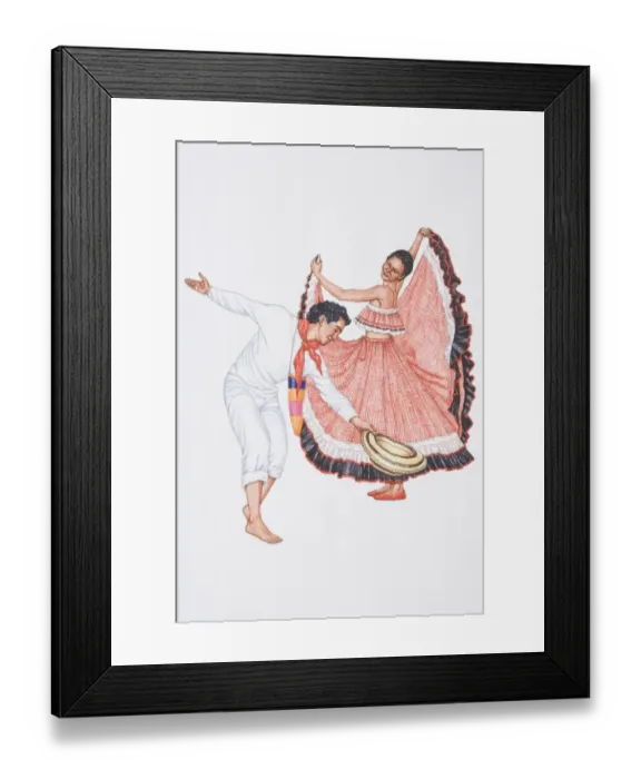 Framed Print : Illustration, man and woman dancing the cumbia, a Columbian folk dance, side view
