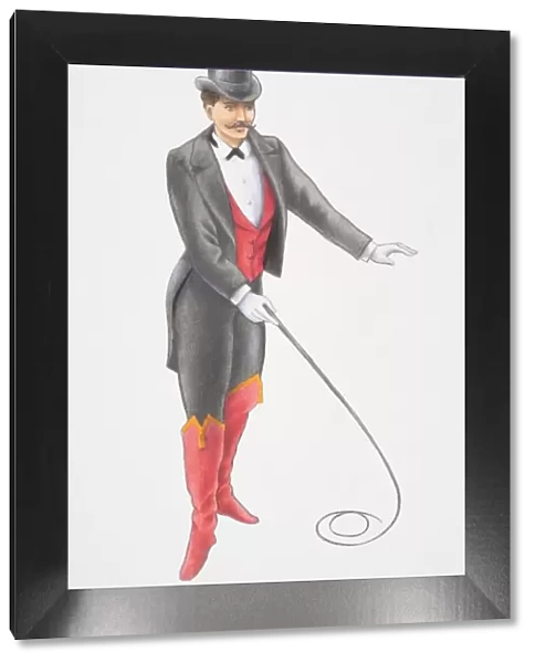Illustration, circus ring master wearing white gloves, top hat, red waistcoat under black jacket, tight black trousers and red boots, holding whip, front view