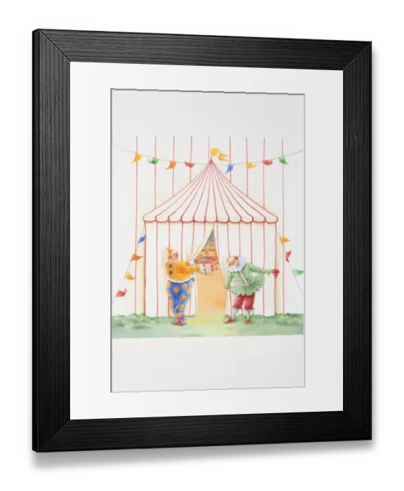 Framed Print : Illustration, two clowns holding back curtain in entrance to circus tent with inviting gestures, revealing acrobats performing in ring inside and audience in background, front view Framed Print : Illustration, two clowns holding back curtain in entrance to circus tent with inviting gestures, revealing acrobats performing in ring inside and audience in background, front view