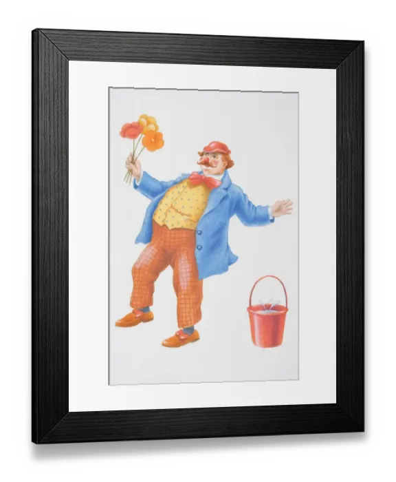 Framed Print : Illustration, stumbling clown holding bunch of flowers standing next to red bucket with water splashing Framed Print : Illustration, stumbling clown holding bunch of flowers standing next to red bucket with water splashing
