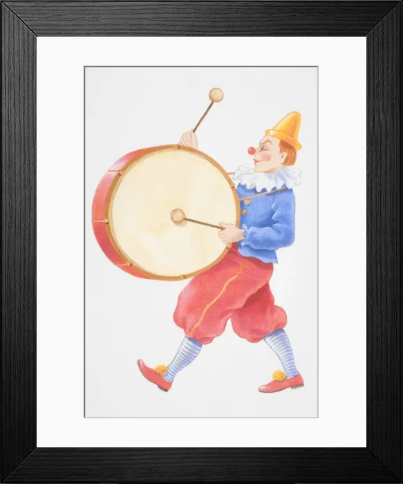 Framed Print : Illustration, clown banging large round drum while walking Framed Print : Illustration, clown banging large round drum while walking