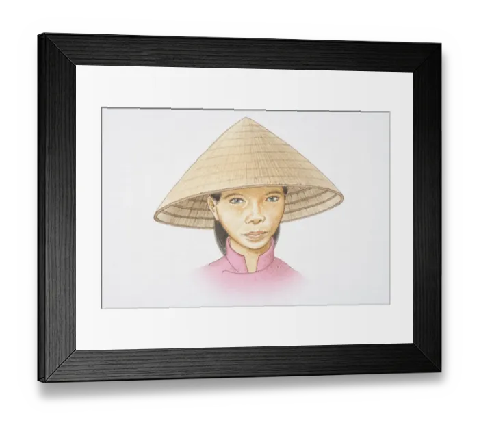 Framed Print : Illustration, head of young woman wearing a Nonla, traditional Vietnamese conical hat Framed Print : Illustration, head of young woman wearing a Nonla, traditional Vietnamese conical hat