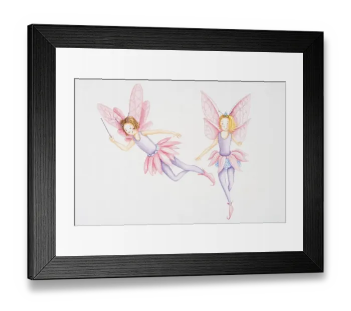Framed Print : Illustration, two fairies with pink wings and skirts hovering in the air, one of them holding wand