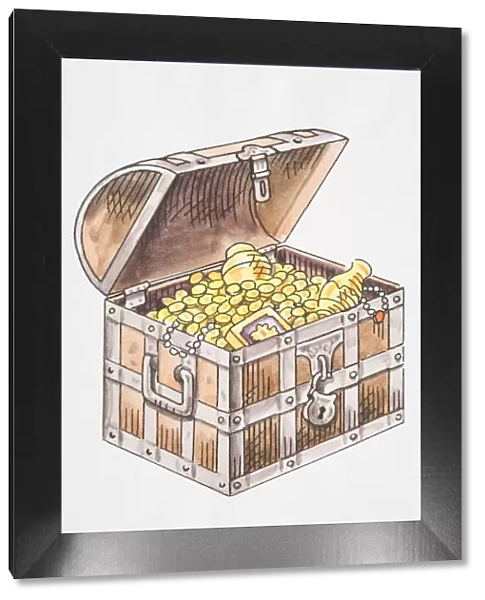Illustration, wooden pirates chest with open lid revealing golden treasures inside