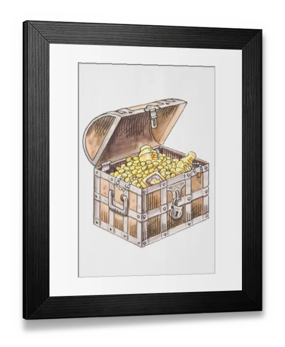 Framed Print : Illustration, wooden pirates chest with open lid revealing golden treasures inside Framed Print : Illustration, wooden pirates chest with open lid revealing golden treasures inside