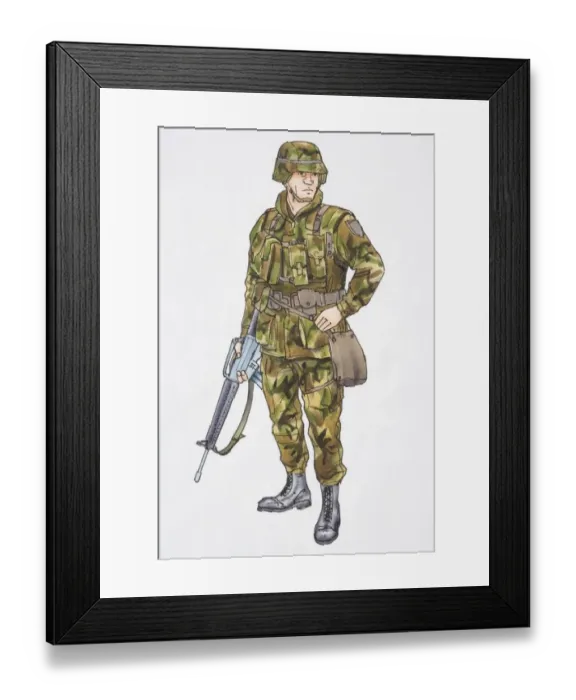 Framed Print : Illustration, soldier in camouflage gear holding machine gun Framed Print : Illustration, soldier in camouflage gear holding machine gun