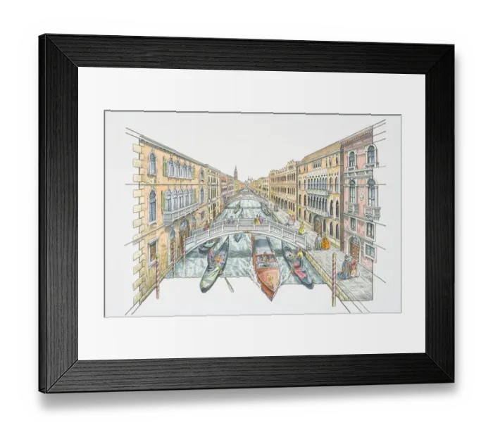 Framed Print : Illustration, Italy, Venice, people in historic carnival costume strolling alongside canal