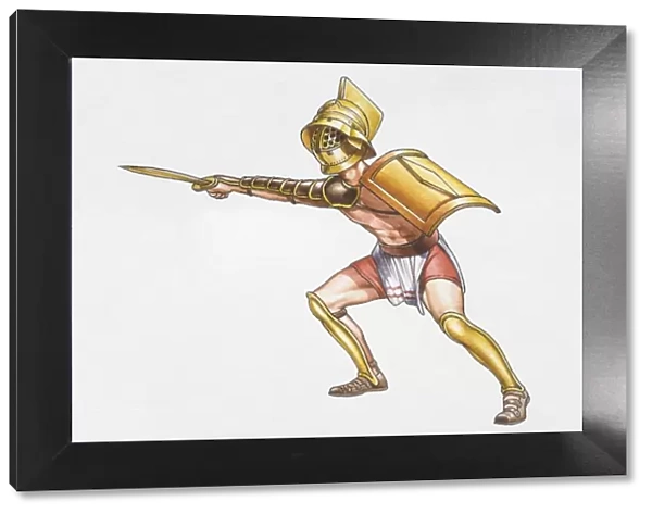 Illustration, Roman gladiator brandishing his sword in front of him, side view