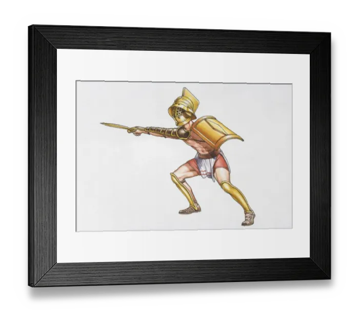 Framed Print : Illustration, Roman gladiator brandishing his sword in front of him, side view