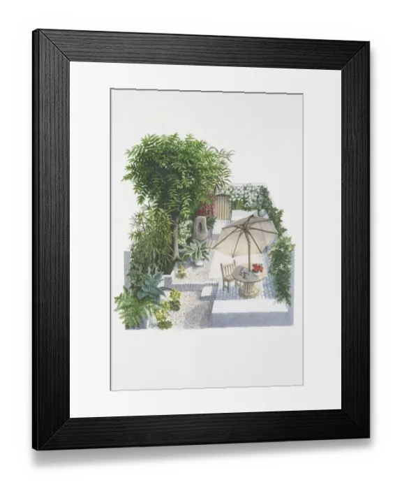 Framed Print : Illustration, patio garden with lush vegetation and climbers growing along the sides, round wooden table with umbrella in centre, elevated view