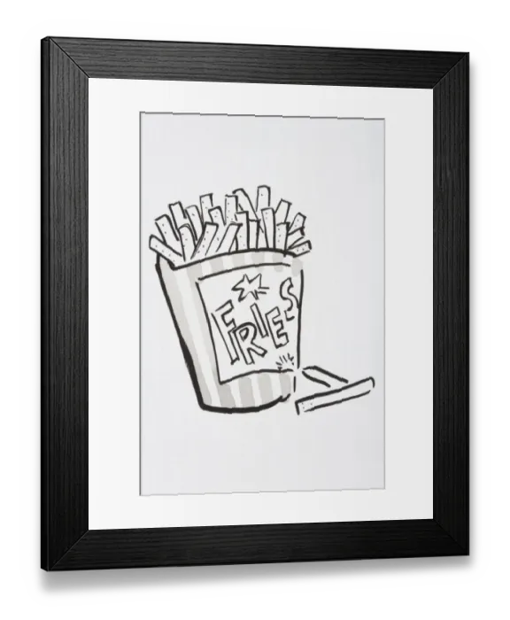 Framed Print : Illustration, portion of chips, Fries written on front Framed Print : Illustration, portion of chips, Fries written on front