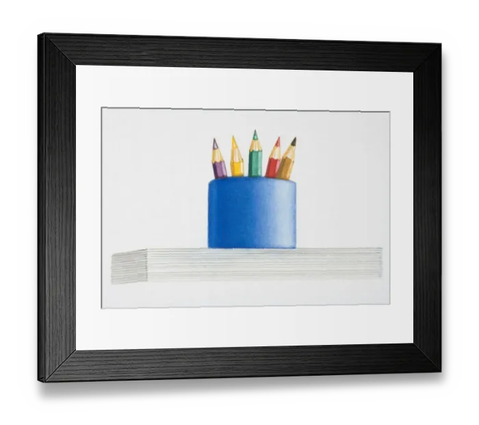 Framed Print : Illustration, coloured pencils in blue jar, low angle view