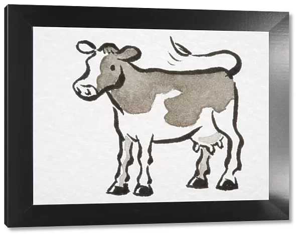 Illustration, Cow standing with its tail flipped up, side view