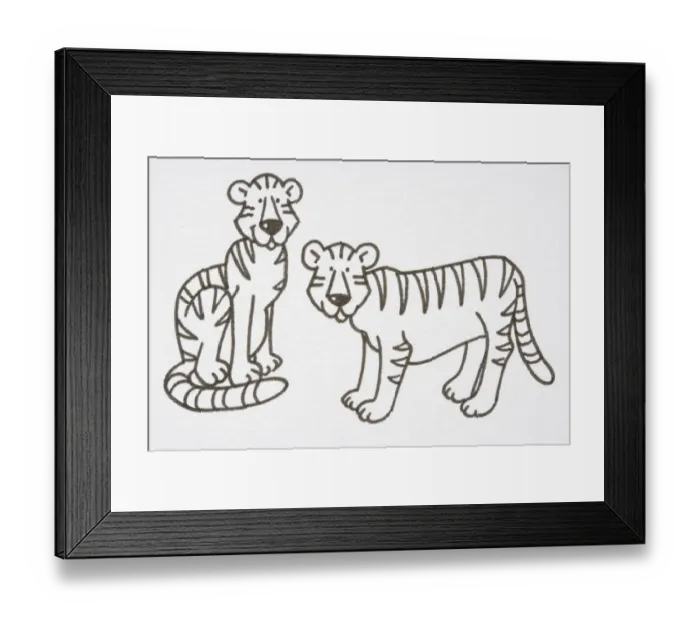 Framed Print : Illustration, pair of Tigers, one sitting and the other standing, side view