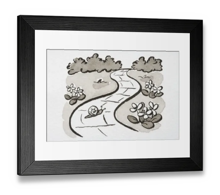 Framed Print : Illustration, Snail crossing winding garden path, side view Framed Print : Illustration, Snail crossing winding garden path, side view