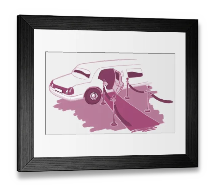 Framed Print : Stretch limousine, opened front door leading out onto purple carpet with barriers on either side Framed Print : Stretch limousine, opened front door leading out onto purple carpet with barriers on either side