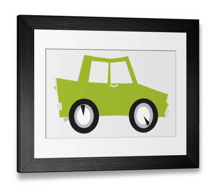 Framed Print : Green car with wheels in motion, side view Framed Print : Green car with wheels in motion, side view