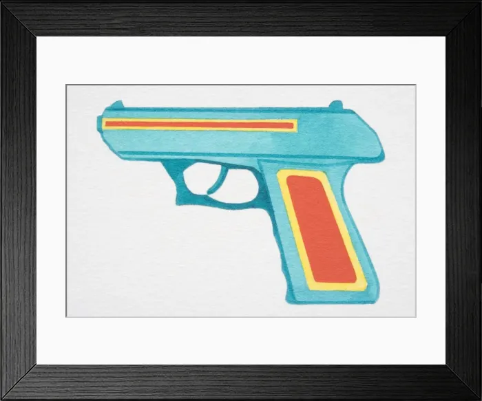 Framed Print : Pistol with red and yellow pattern, side view Framed Print : Pistol with red and yellow pattern, side view