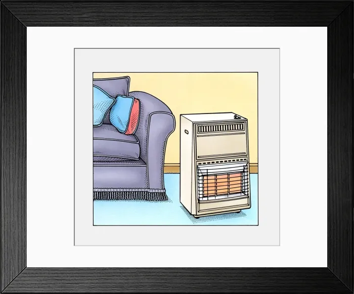 Framed Print : Portable gas fire heater next to a sofa Framed Print : Portable gas fire heater next to a sofa