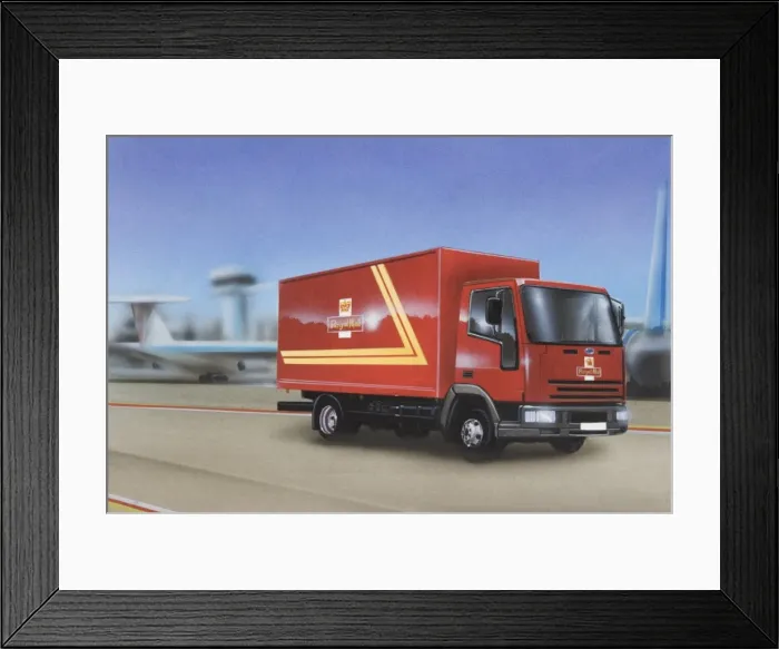 Framed Print : Red truck driving along airfield, airplane visible in background
