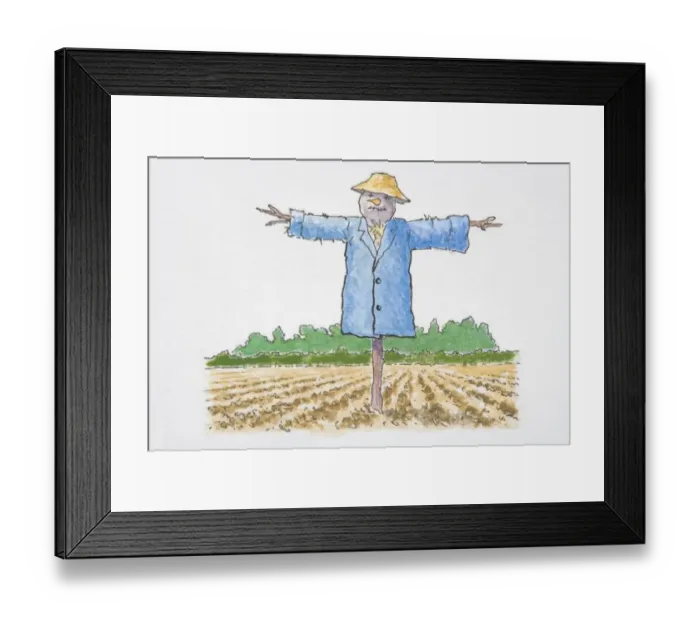Framed Print : Scarecrow in blue coat and yellow hat standing in a field Framed Print : Scarecrow in blue coat and yellow hat standing in a field