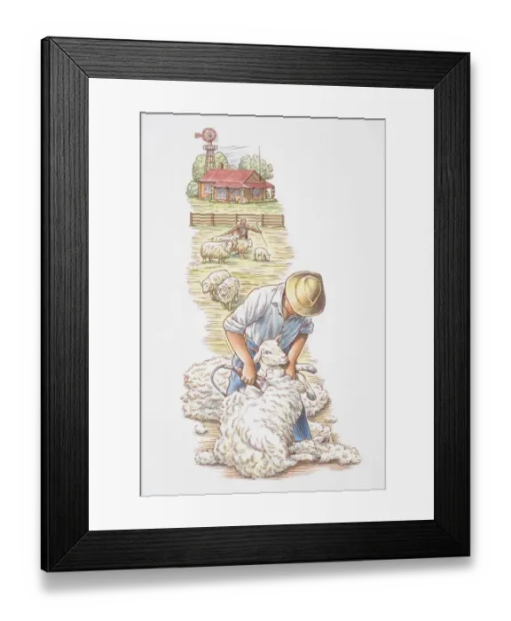 Framed Print : Man shearing wool off sheep, farmhouse and shepherd tending animals in background Framed Print : Man shearing wool off sheep, farmhouse and shepherd tending animals in background