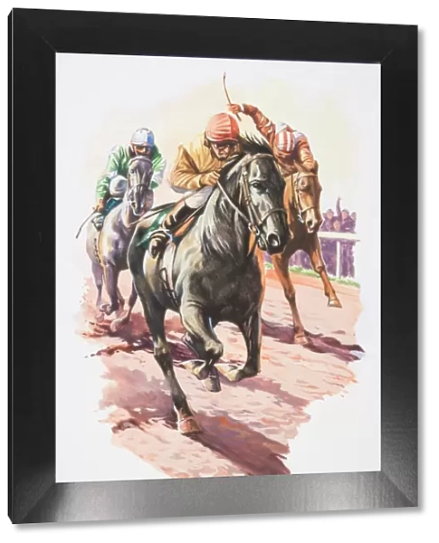 Three jockeys fighting to come in first, front view