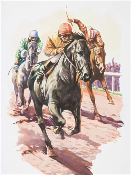 Three jockeys fighting to come in first, front view