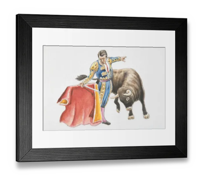 Framed Print : Torero in embroidered blue costume holding red cape (muleta), bull advancing immediately to right Framed Print : Torero in embroidered blue costume holding red cape (muleta), bull advancing immediately to right