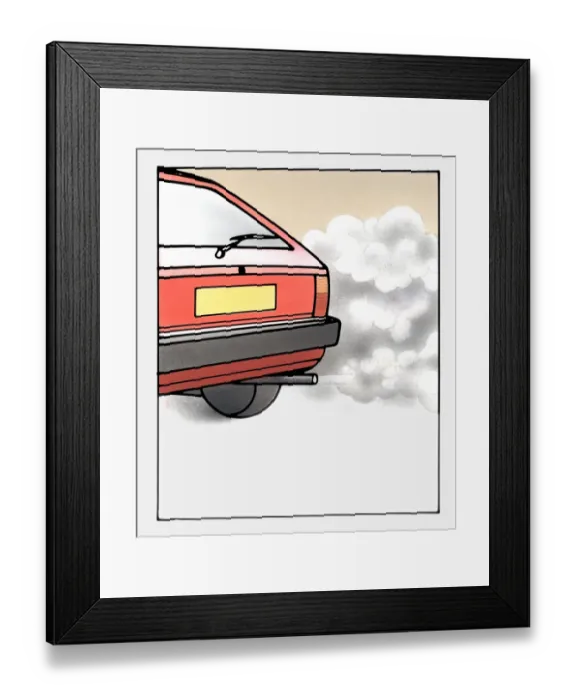 Framed Print : Rear of a car with exhaust fumes pumping out Framed Print : Rear of a car with exhaust fumes pumping out